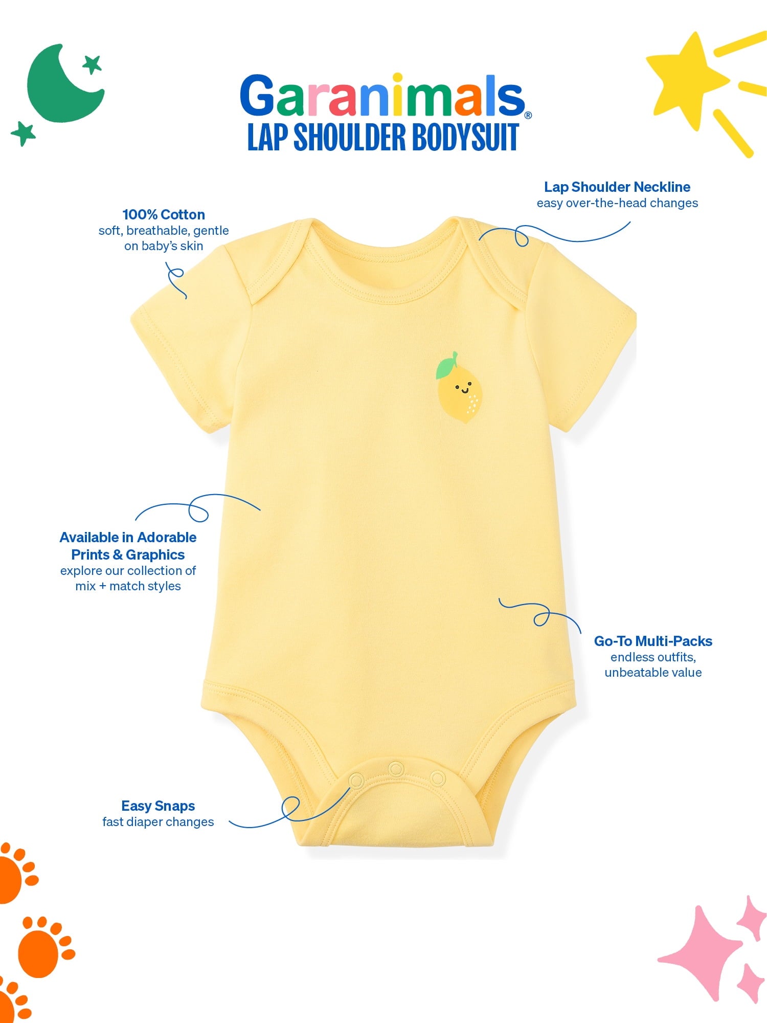 Garanimals Baby Girl Cotton Lap-Shoulder Short-Sleeve Bodysuits, 4-Pack, 0–24M
