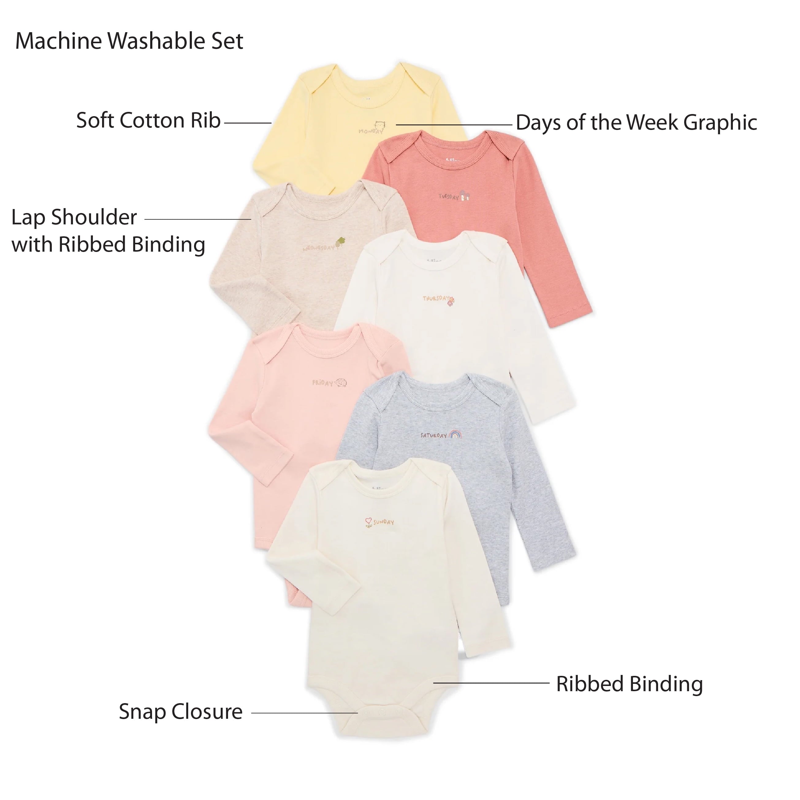 Bliss by Garanimals Baby Boys or Girls Cotton Days of the Week Bodysuits Set, 7-Piece, Sizes 0M-18M