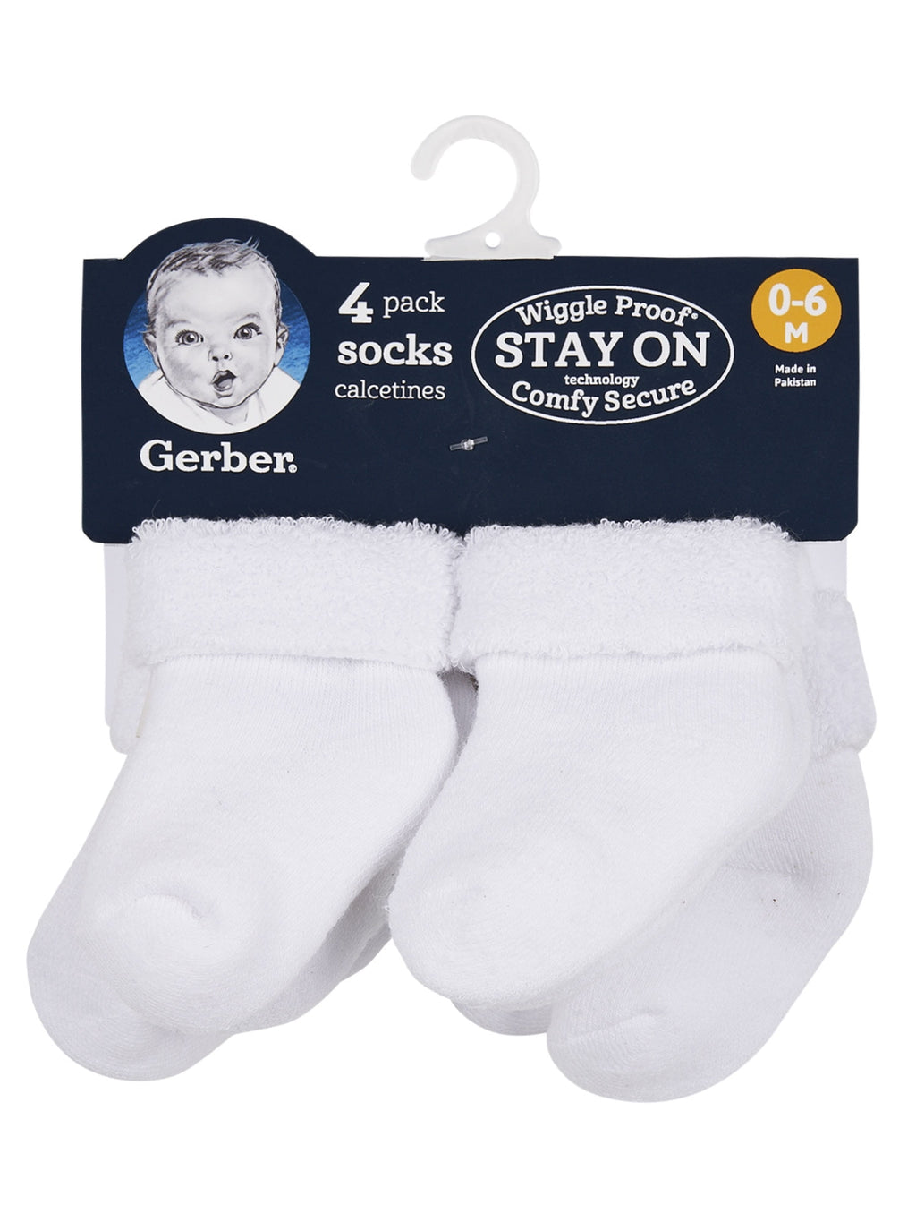 Gerber Baby Neutral White Terry Bootie Wiggle Proof Socks, 4-Pack, Sizes Newborn - 0/6 Months