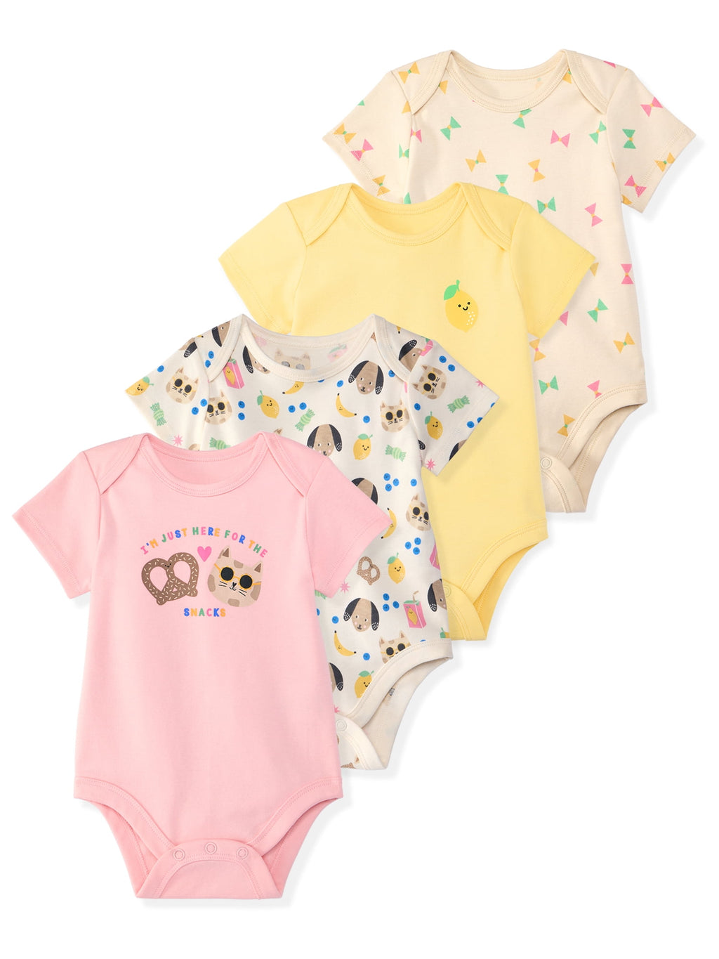 Garanimals Baby Girl Cotton Lap-Shoulder Short-Sleeve Bodysuits, 4-Pack, 0–24M