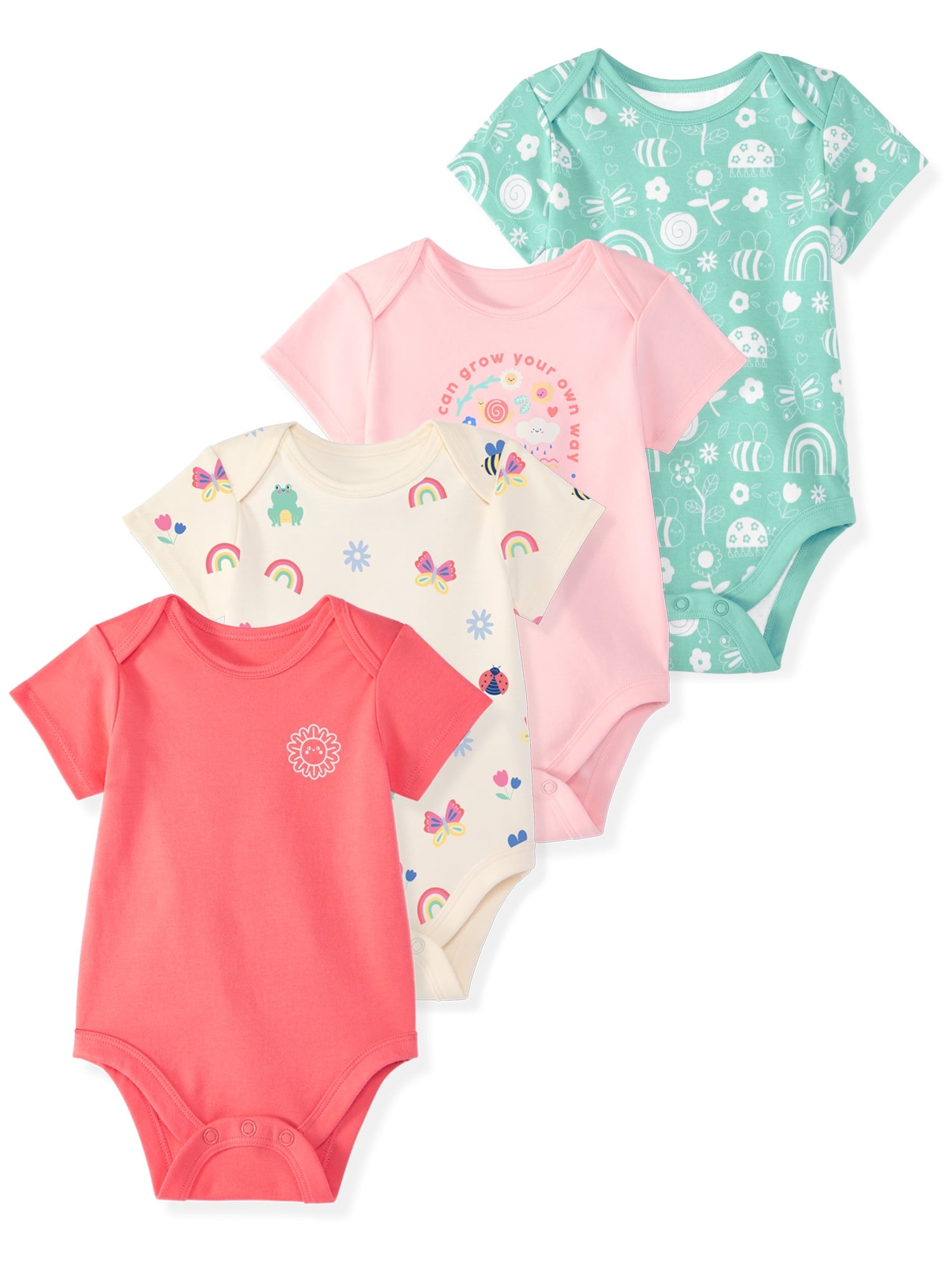 Garanimals Baby Girl Cotton Lap-Shoulder Short-Sleeve Bodysuits, 4-Pack, 0–24M