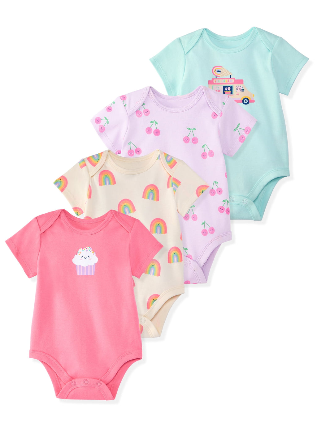 Garanimals Baby Girl Cotton Lap-Shoulder Short-Sleeve Bodysuits, 4-Pack, 0–24M