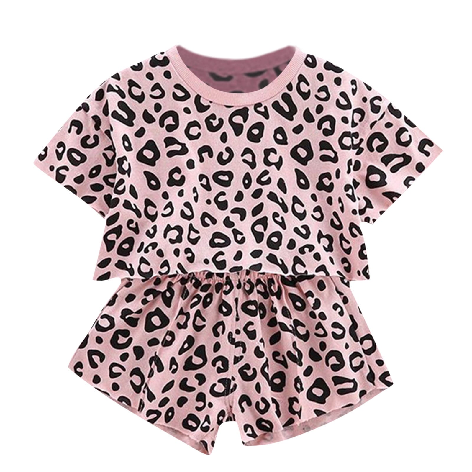 WOYY Toddler Girls Summer Cotton Leopard Short Sleeve T Shirt Shorts Set, Sizes 2-3T