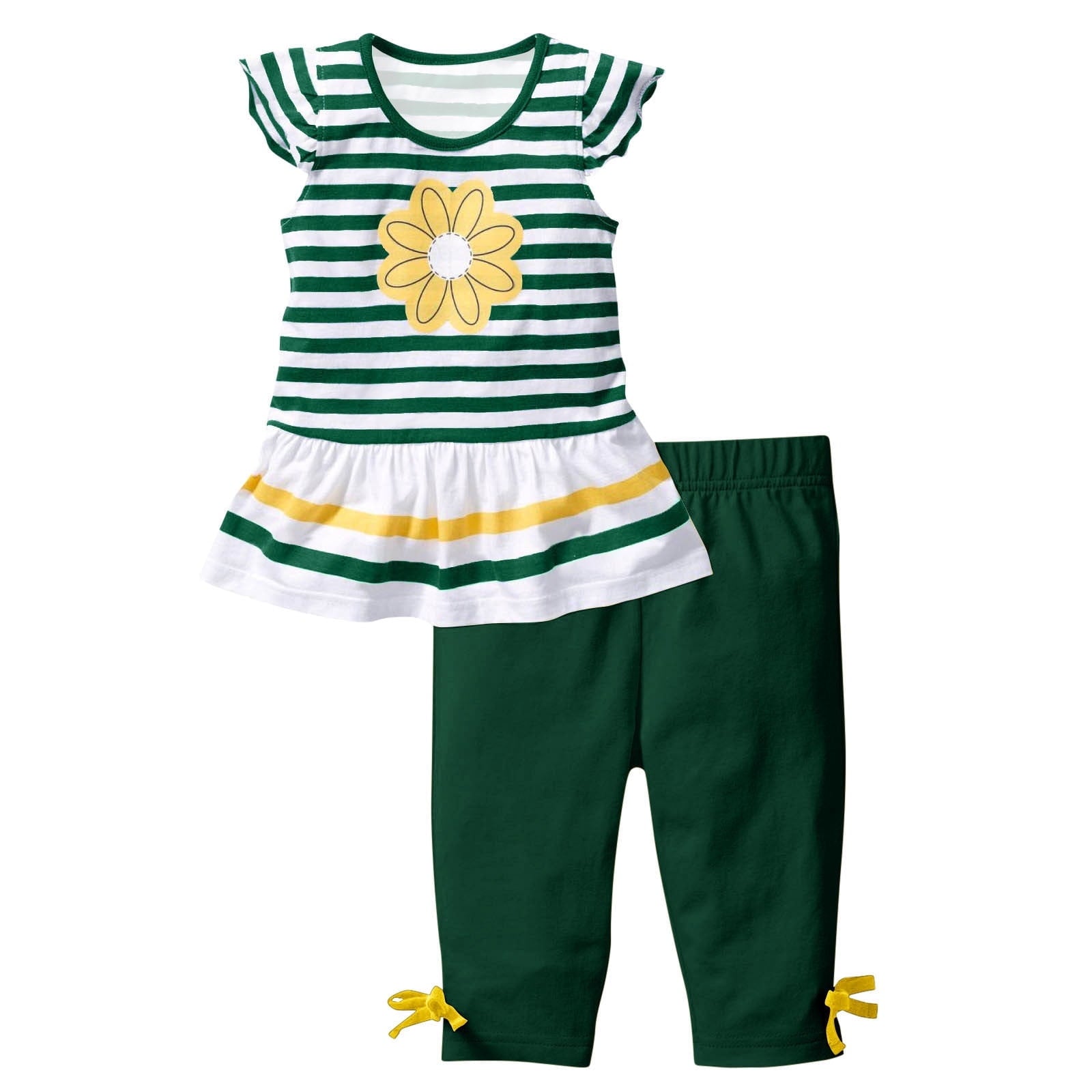 WRKEKC Girls 2 piece Outfits Summer Set Striped Ruffle Sleeve Daisy Print Top Capri Pants Casual Style for Girls 1-10 Years