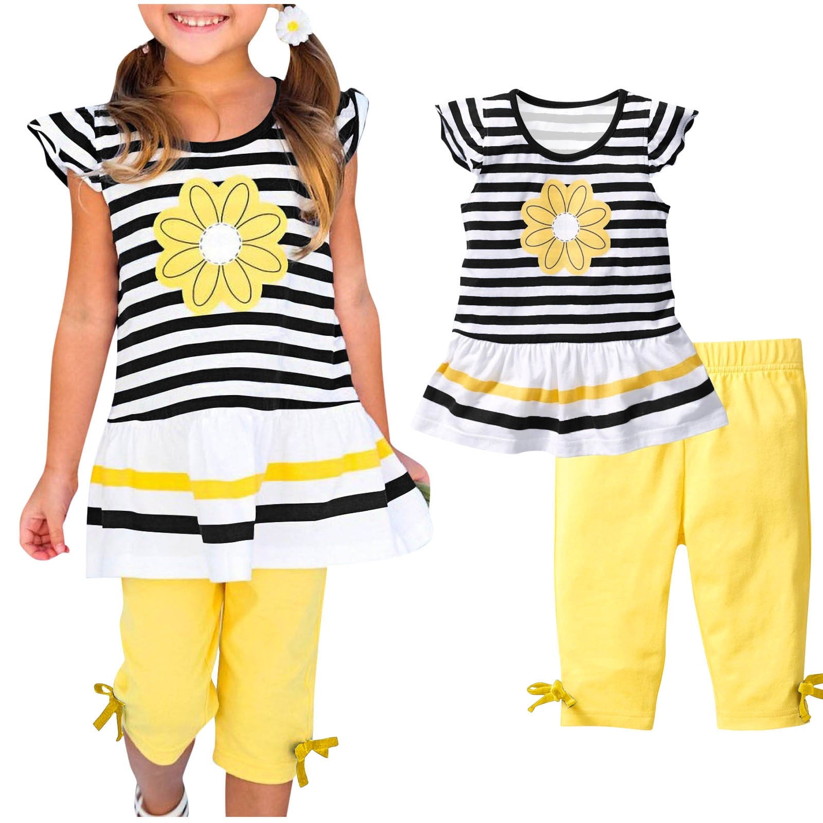 WRKEKC Girls 2 piece Outfits Summer Set Striped Ruffle Sleeve Daisy Print Top Capri Pants Casual Style for Girls 1-10 Years
