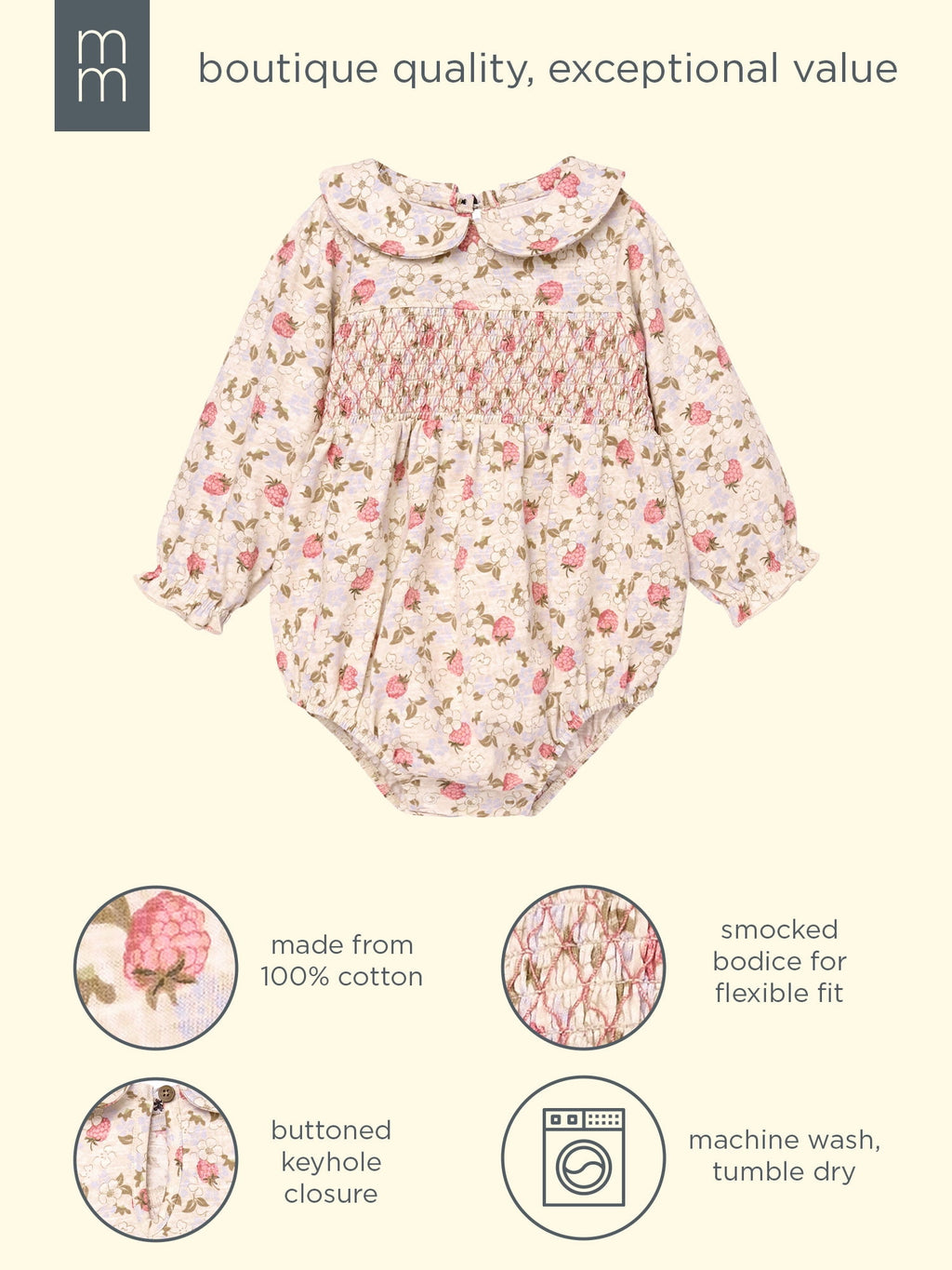 Modern Moments by Gerber Baby Girl Smocked Long Sleeve Bubble Romper, Sizes 0/3 Months - 24 Months